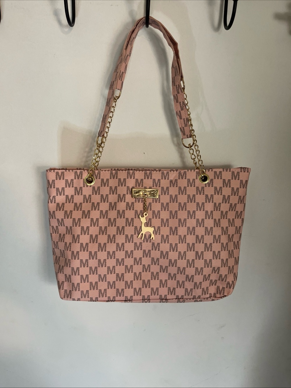 Women's Pink Patterned Tote Bag with Gold Hardware
